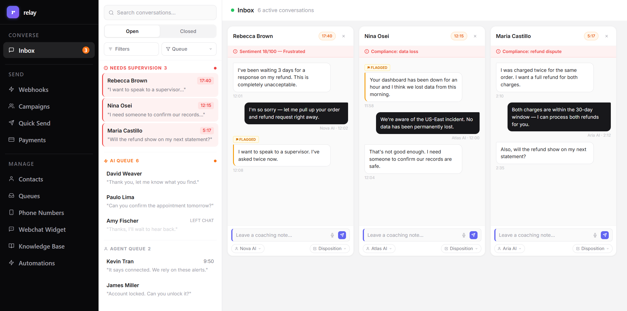 Relay supervisor inbox showing live webchat and SMS conversations grouped into Needs Supervision, AI Queue, and Agent Queue, with sentiment scores, compliance flags, and coaching note inputs.